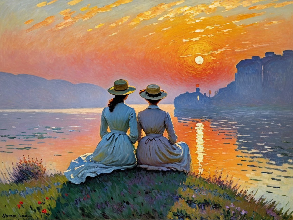 Women in Vintage Dresses by a Serene Sunset Riverbank