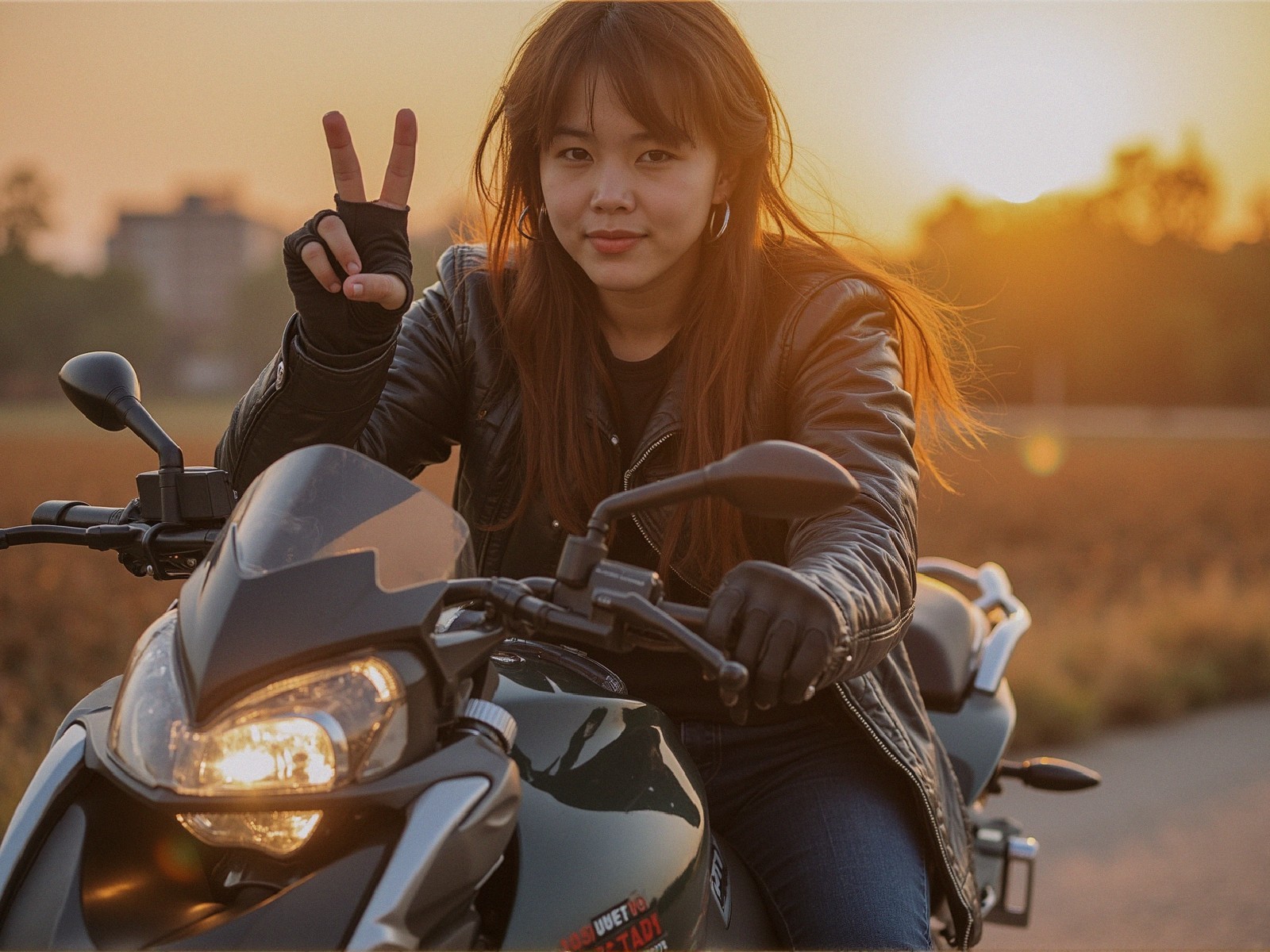 Young Woman on Motorcycle at Sunset with Peace Sign