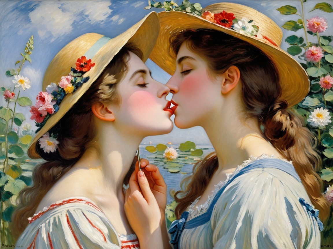 Tender Embrace of Two Women in Pastel Dresses