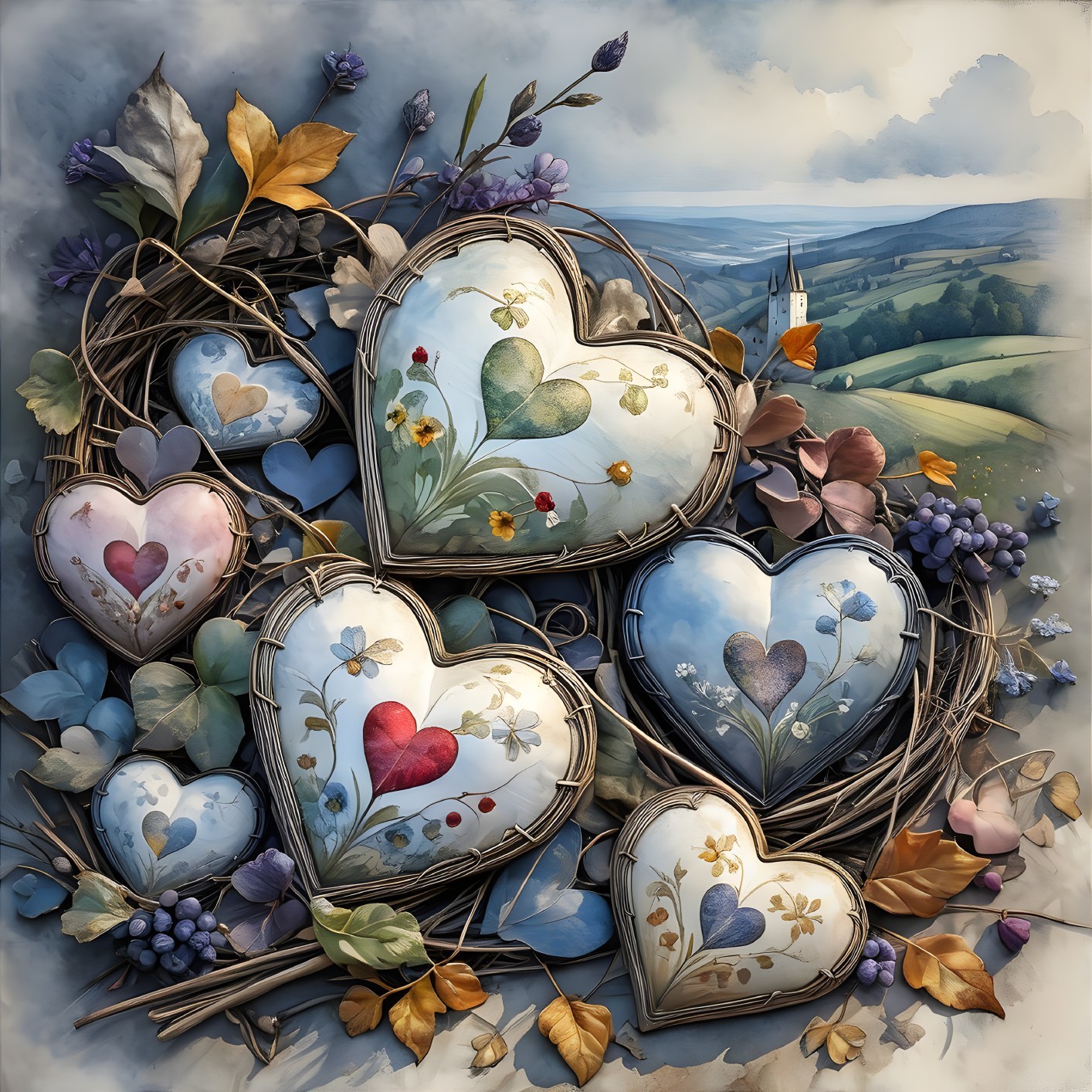 Decorated Hearts in a Nest with Serene Landscape