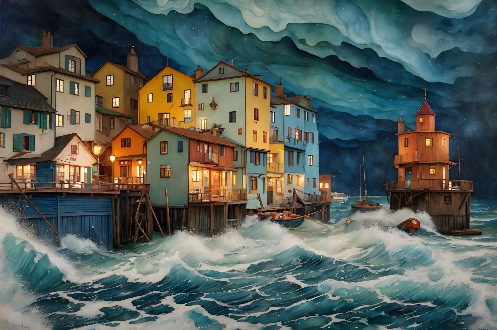 Colorful Coastal Town with Eclectic Buildings Above Rough Seas