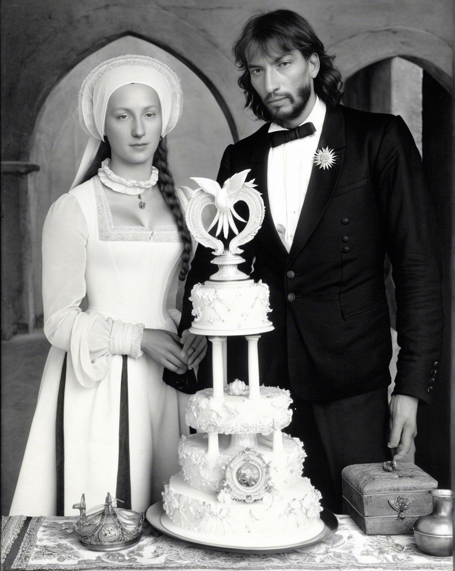 Black-and-white wedding photo of couple with cake