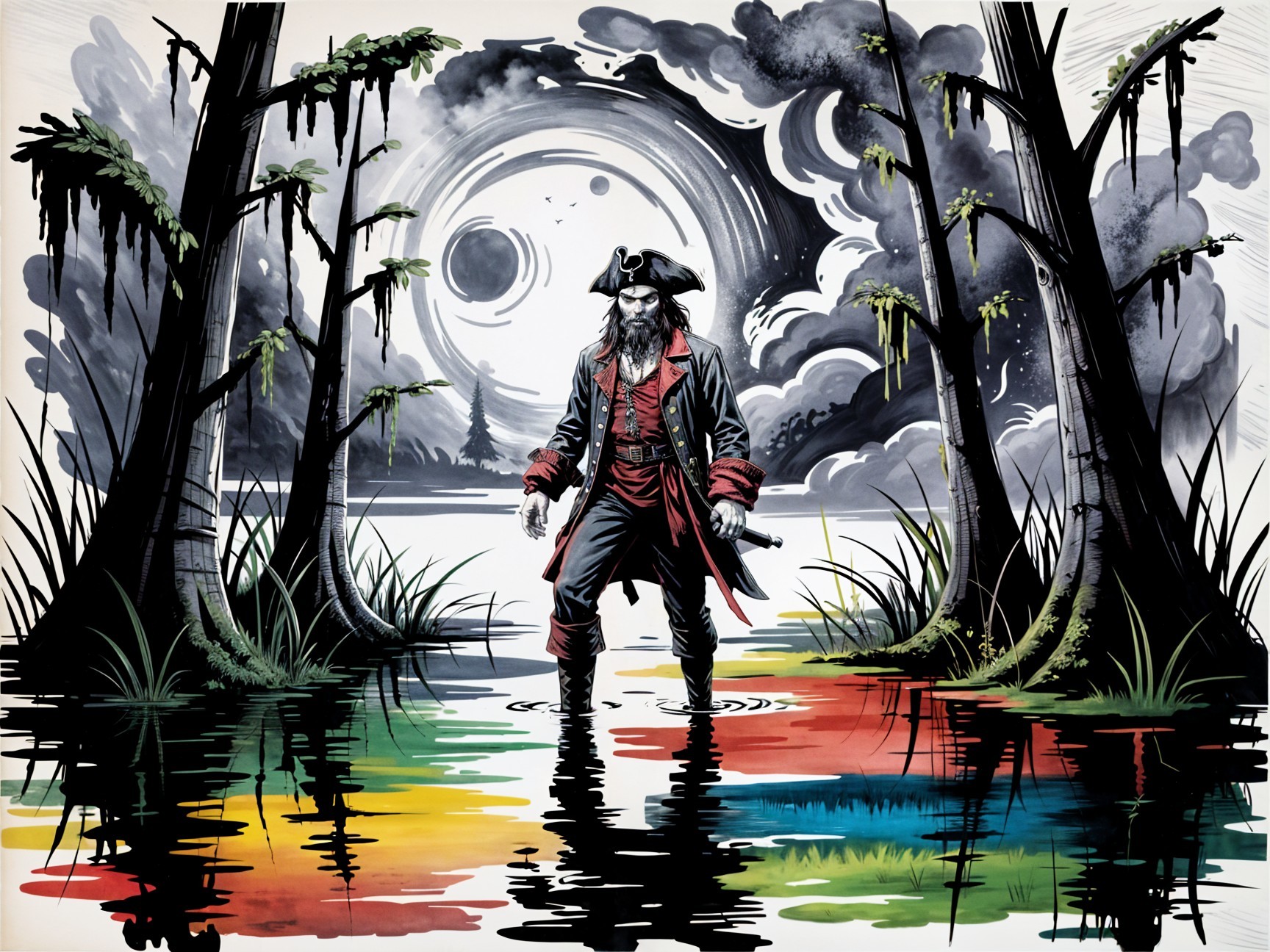Pirate in Colorful Waters Under Dramatic Sky