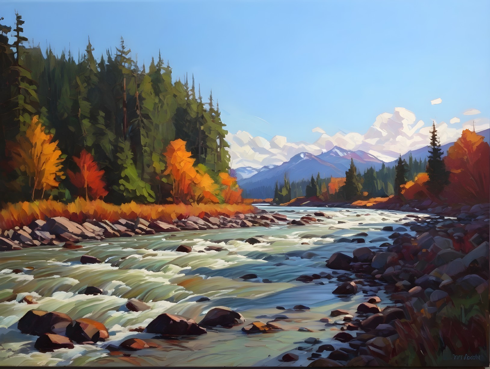 Scenic painting of river, autumn trees, snowy mountain under blue sky