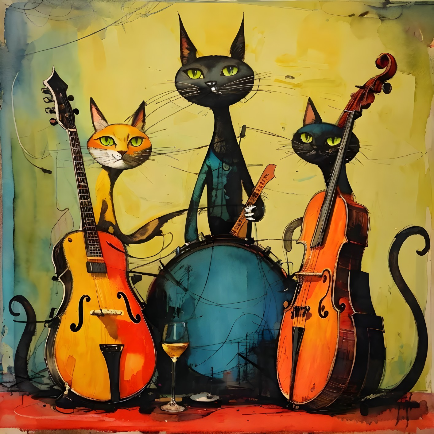 Three Cats Playing Instruments in Vibrant Setting