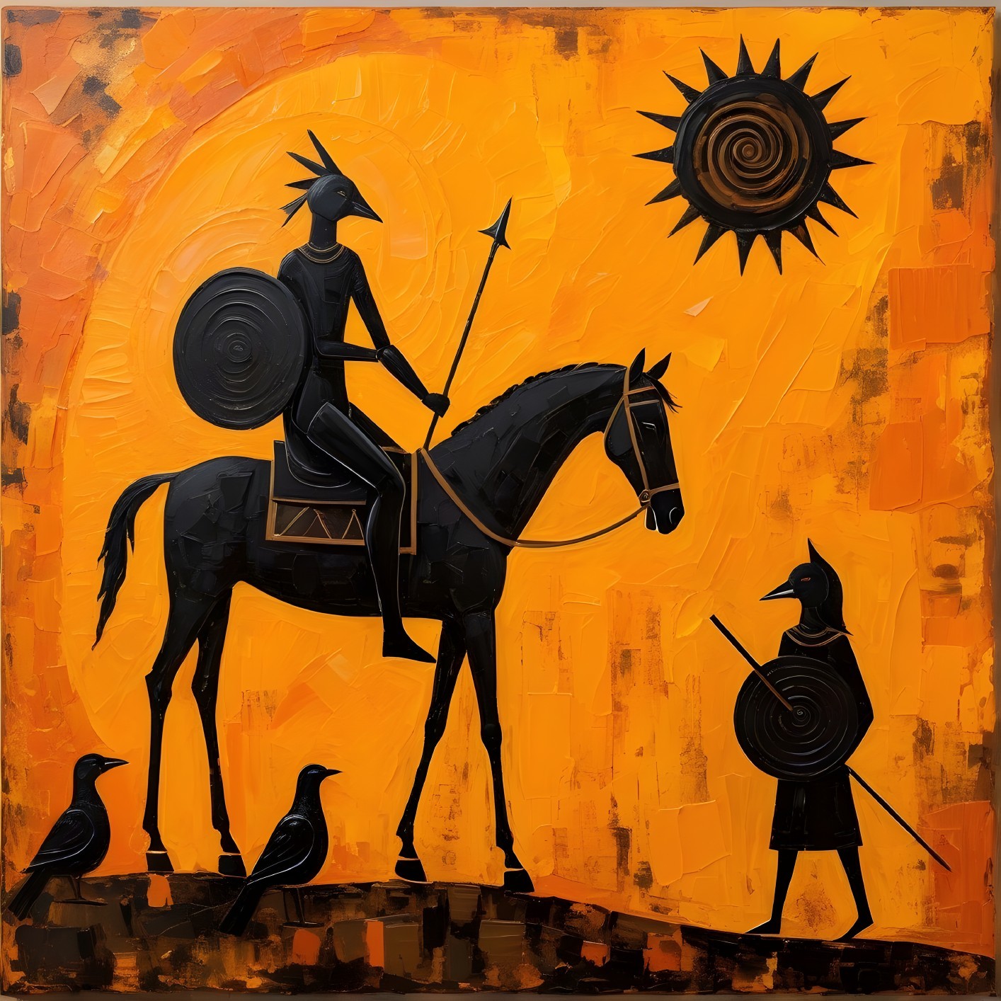Silhouette Warriors on Horseback Against Orange Background