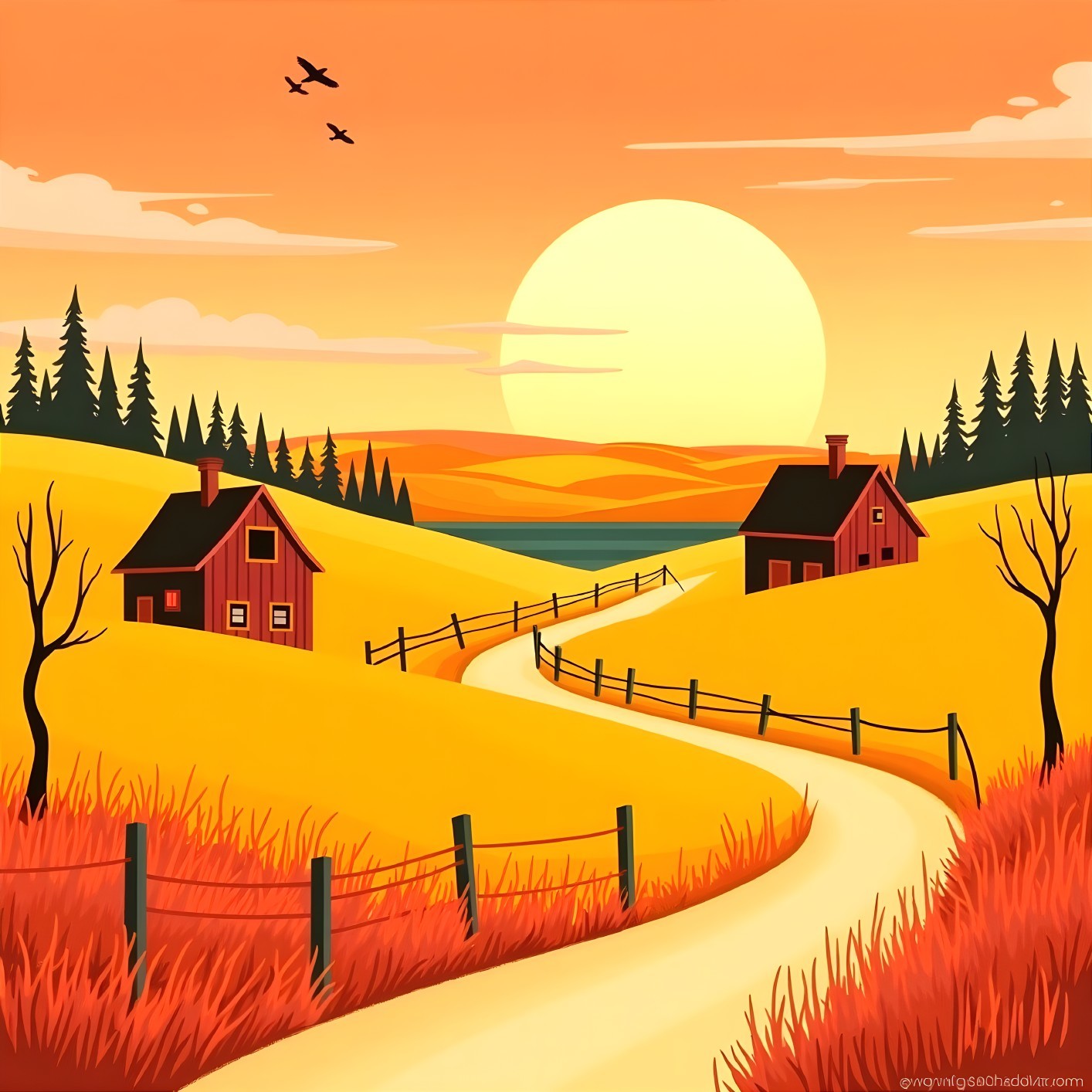 Serene Landscape with Golden Hills and Sunset Sky
