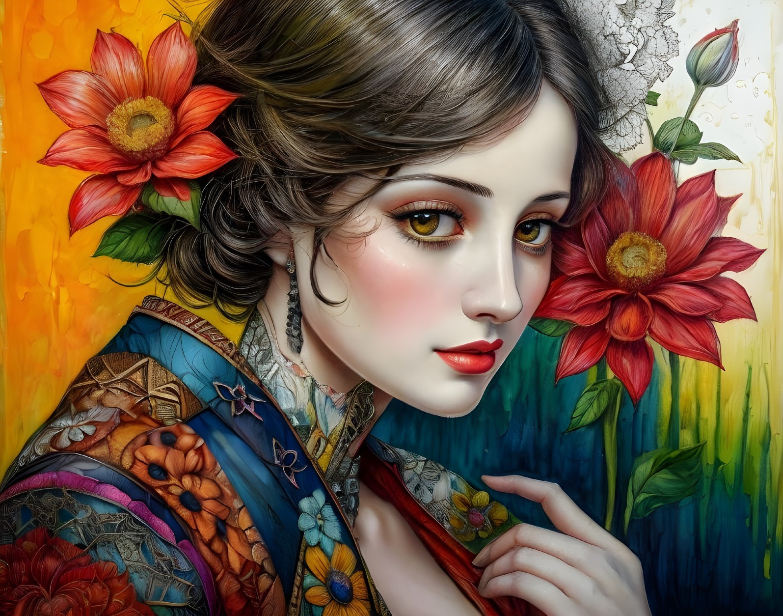 Colorful Woman Illustration with Red Flowers and Floral Kimono