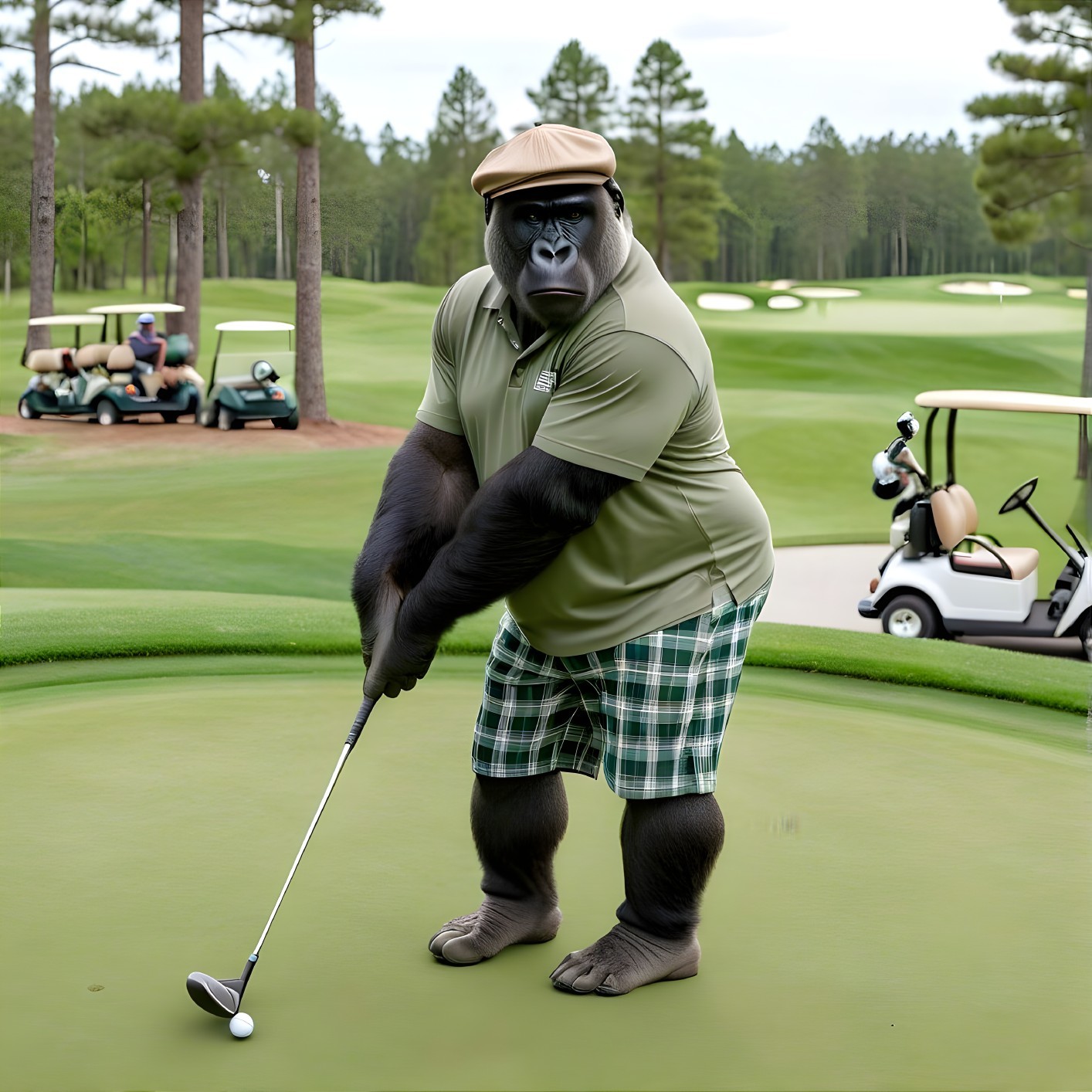 Gorilla in Golf Attire on Putting Green Scene