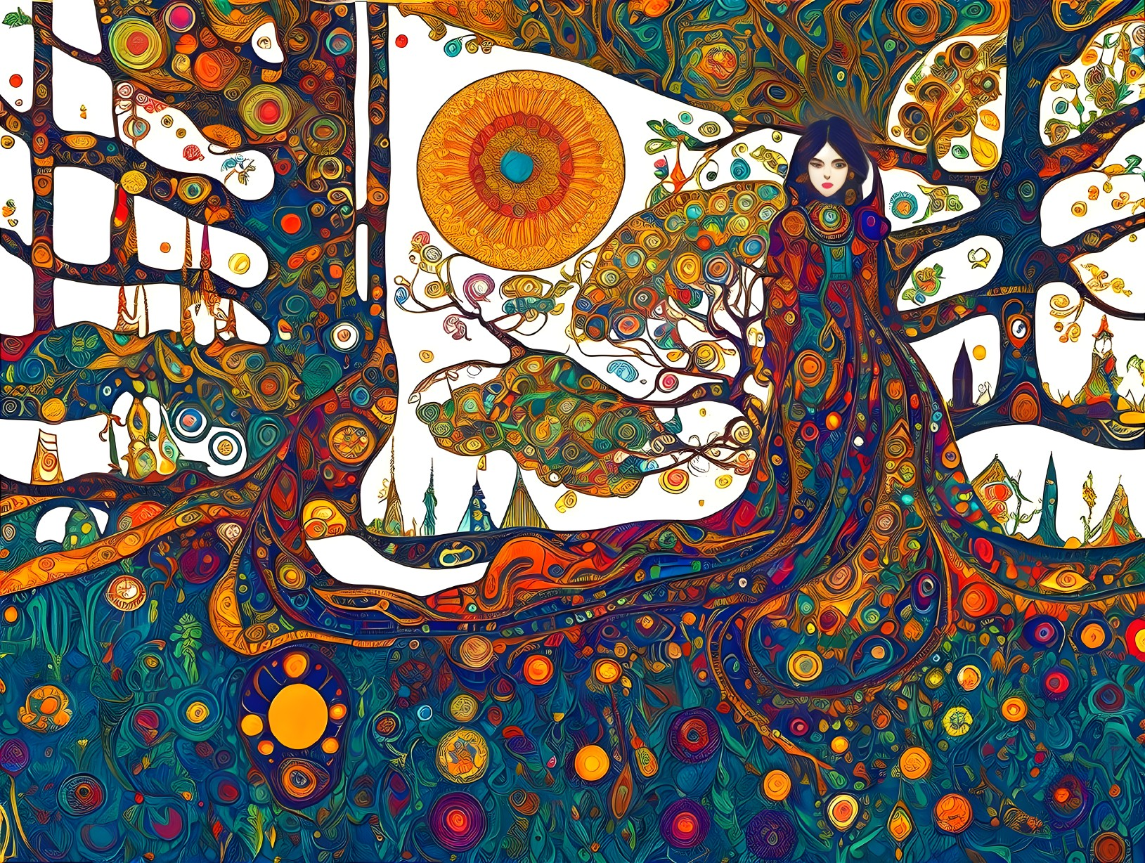 Vibrant Fantasy Landscape with Ornate Dress and Sun
