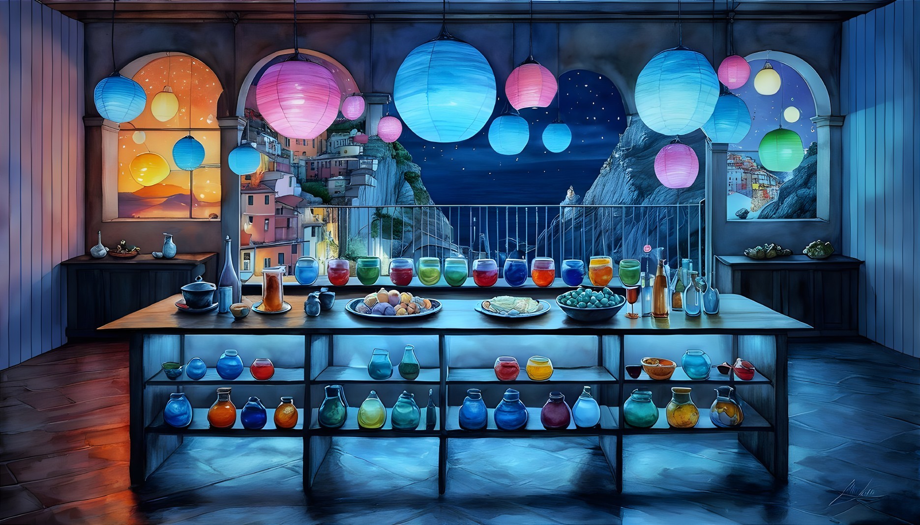 Colorful Table Setting with Coastal Night Sky View
