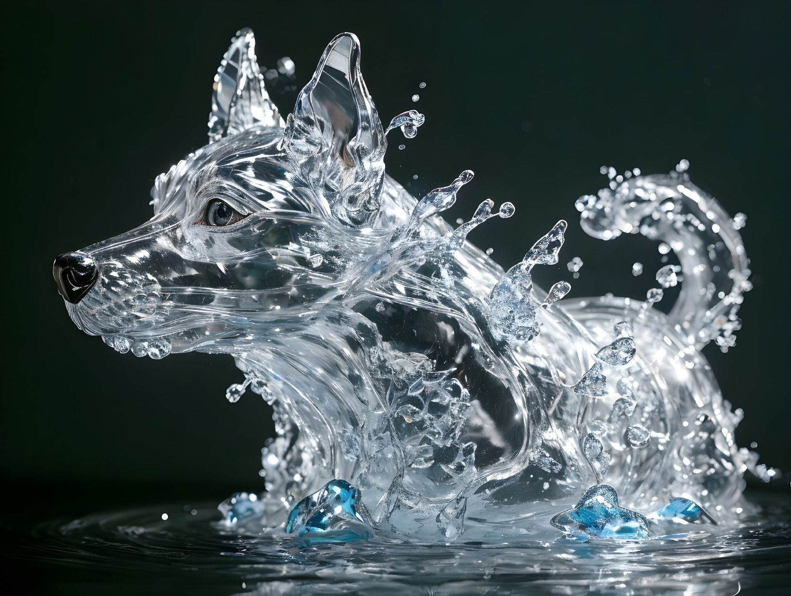 Sculpture of a dog in motion with water-like material