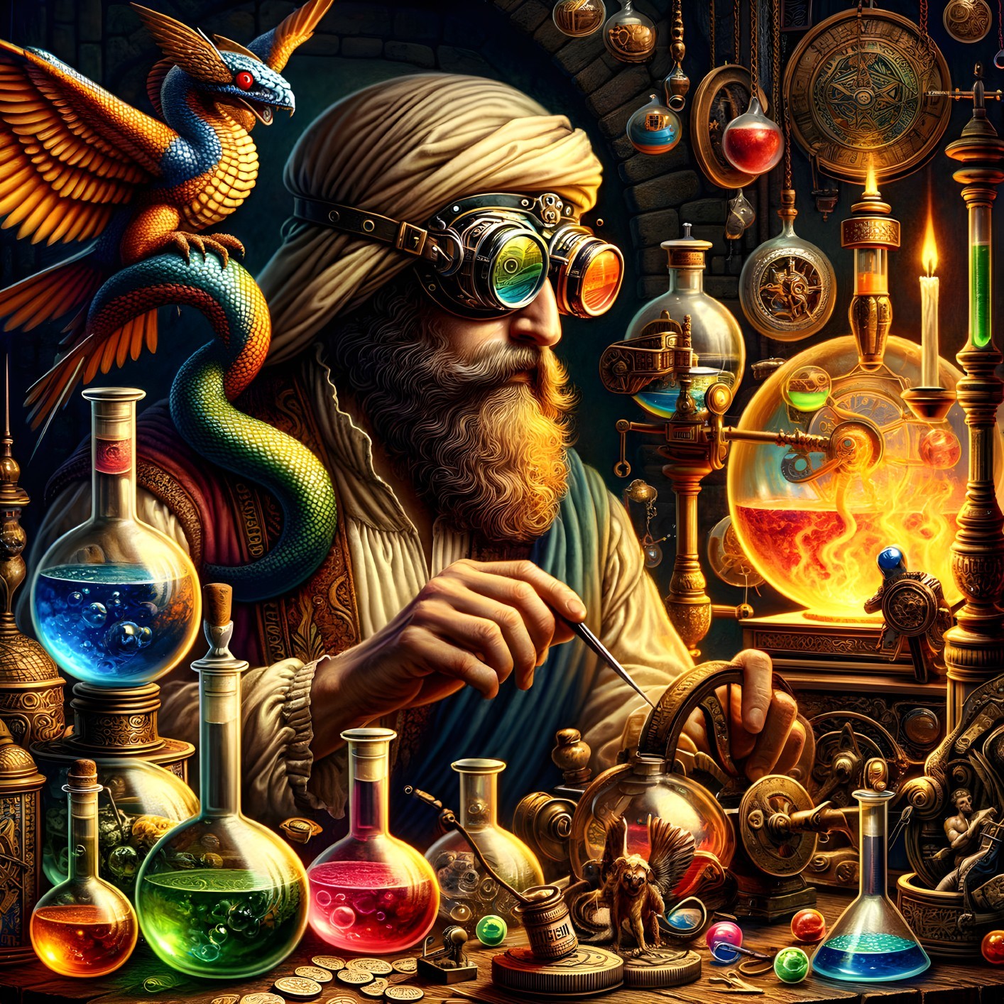 Elderly Alchemist in Dimly Lit Laboratory with Flasks