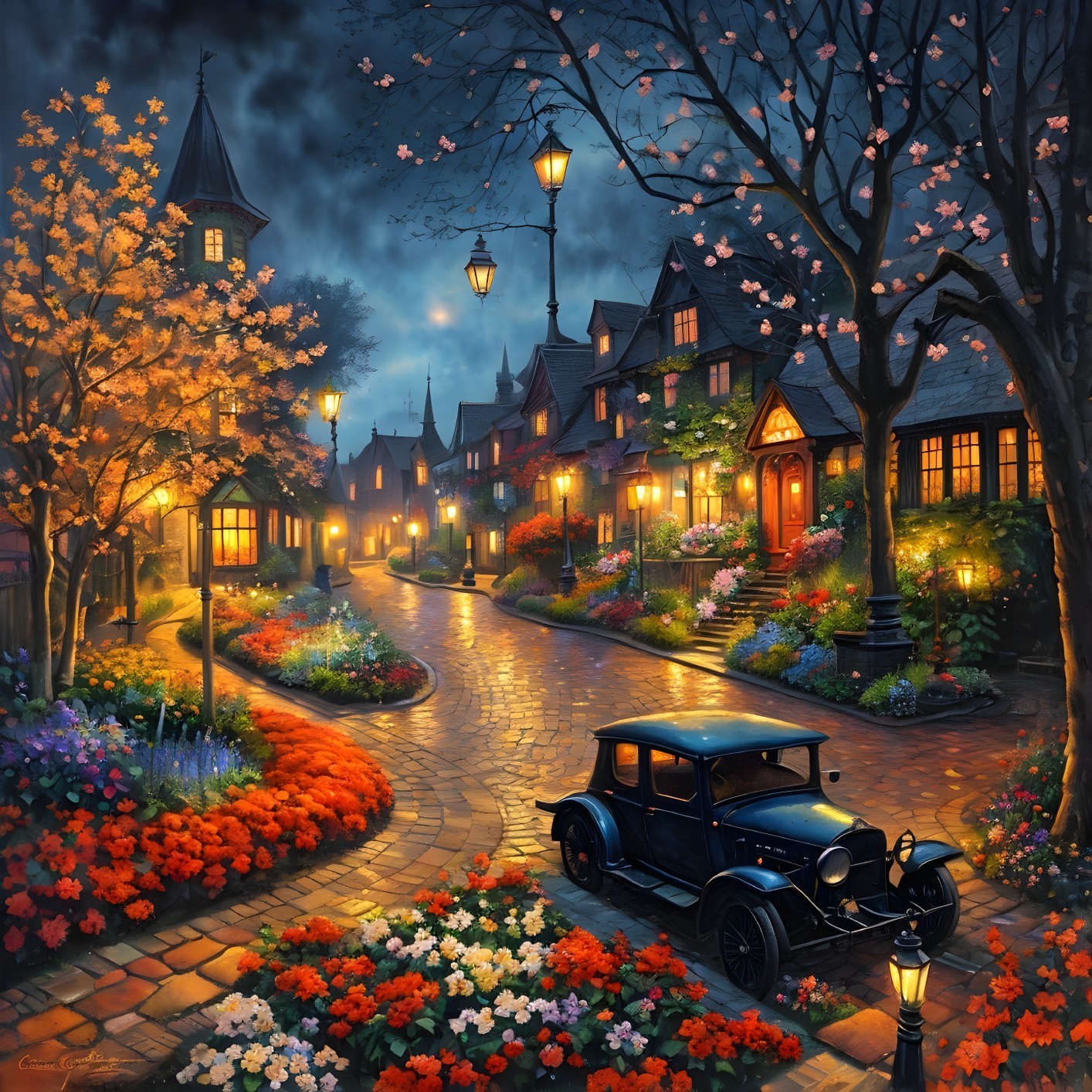 Vintage Car on Cobblestone Street in Quaint Village