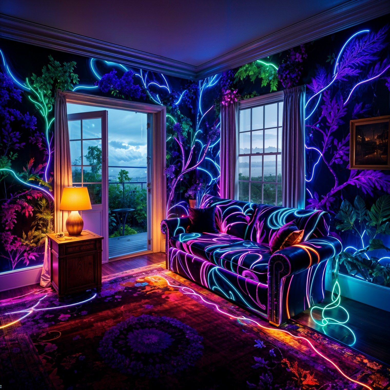 Vibrant Neon Plants and Floral Patterns in Room Decor