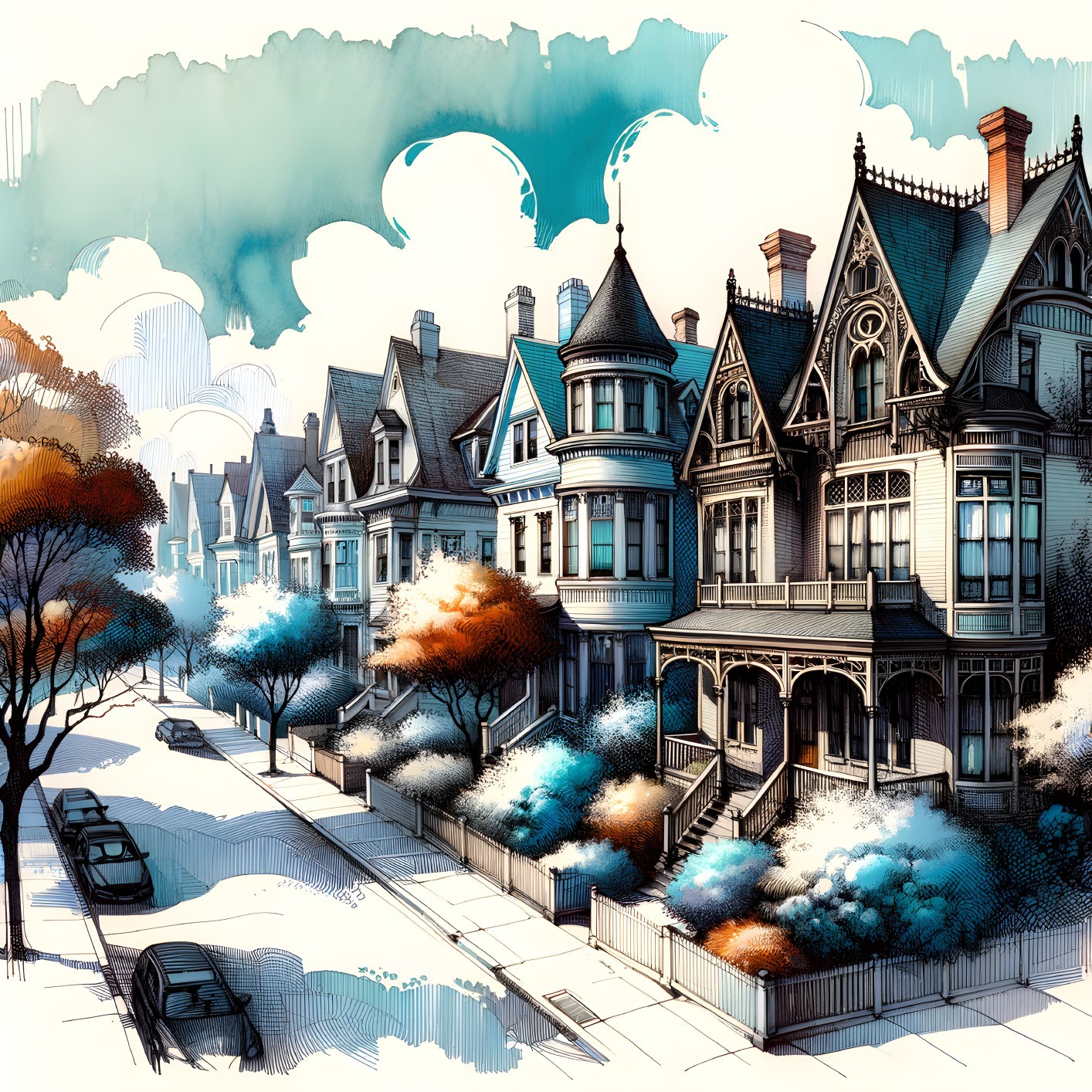 Victorian-style houses on a picturesque autumn street