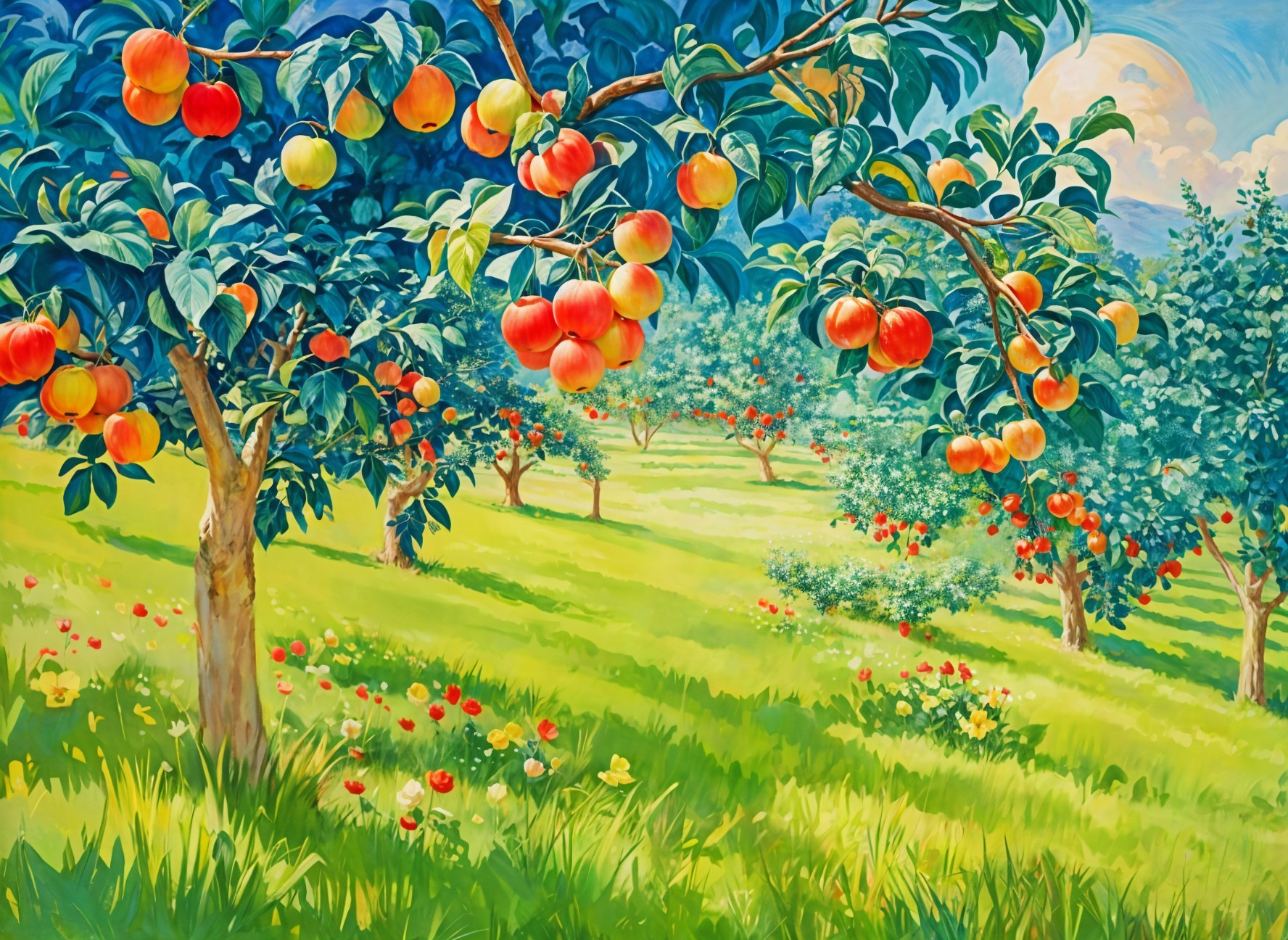 Vibrant Orchard with Apple Trees and Colorful Flowers