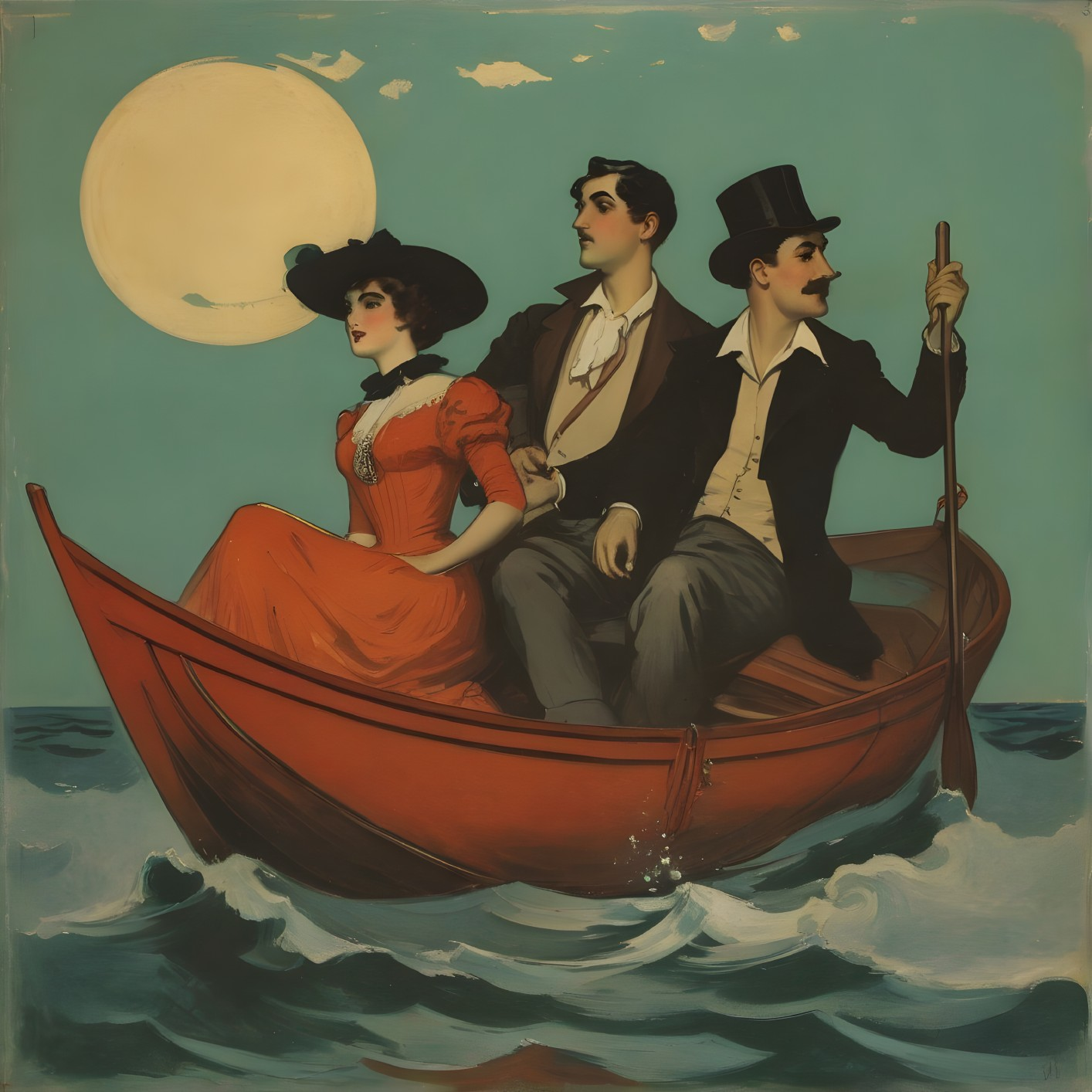 Vintage illustration of a couple rowing under a full moon