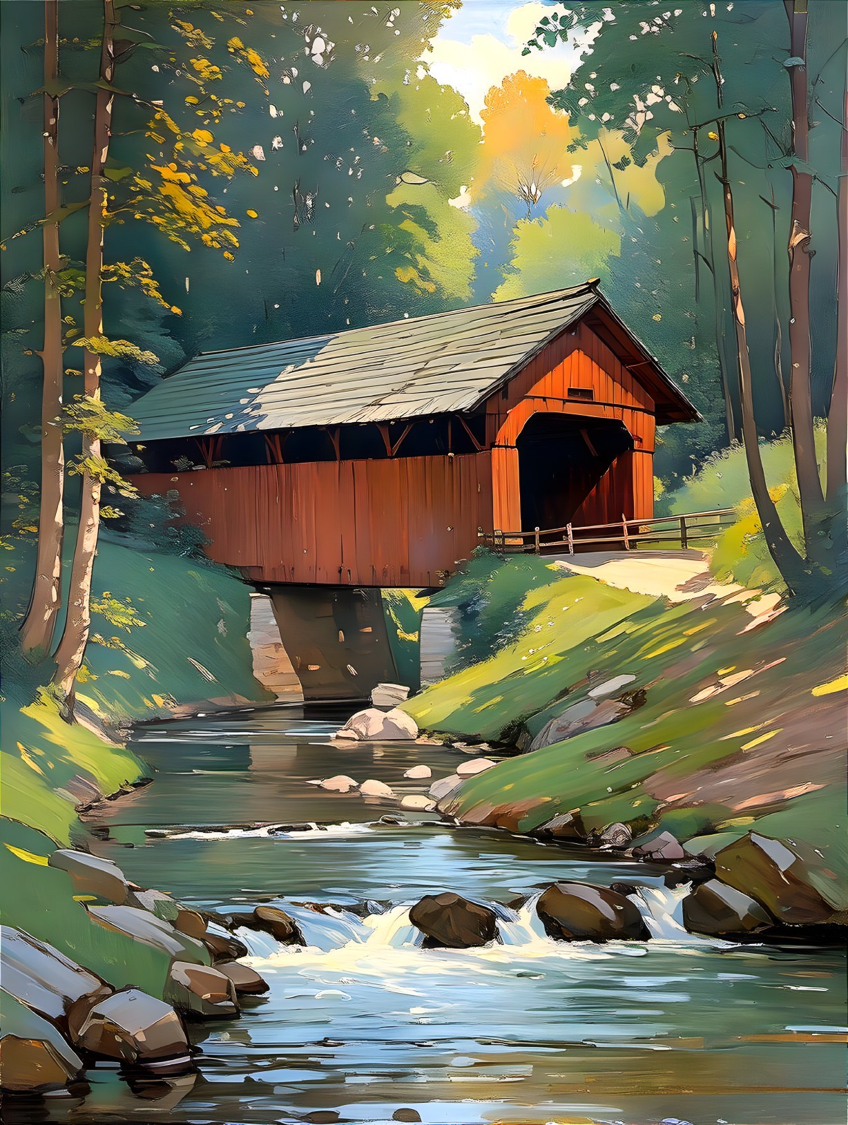 Charming Covered Bridge Over a Tranquil Creek Scene
