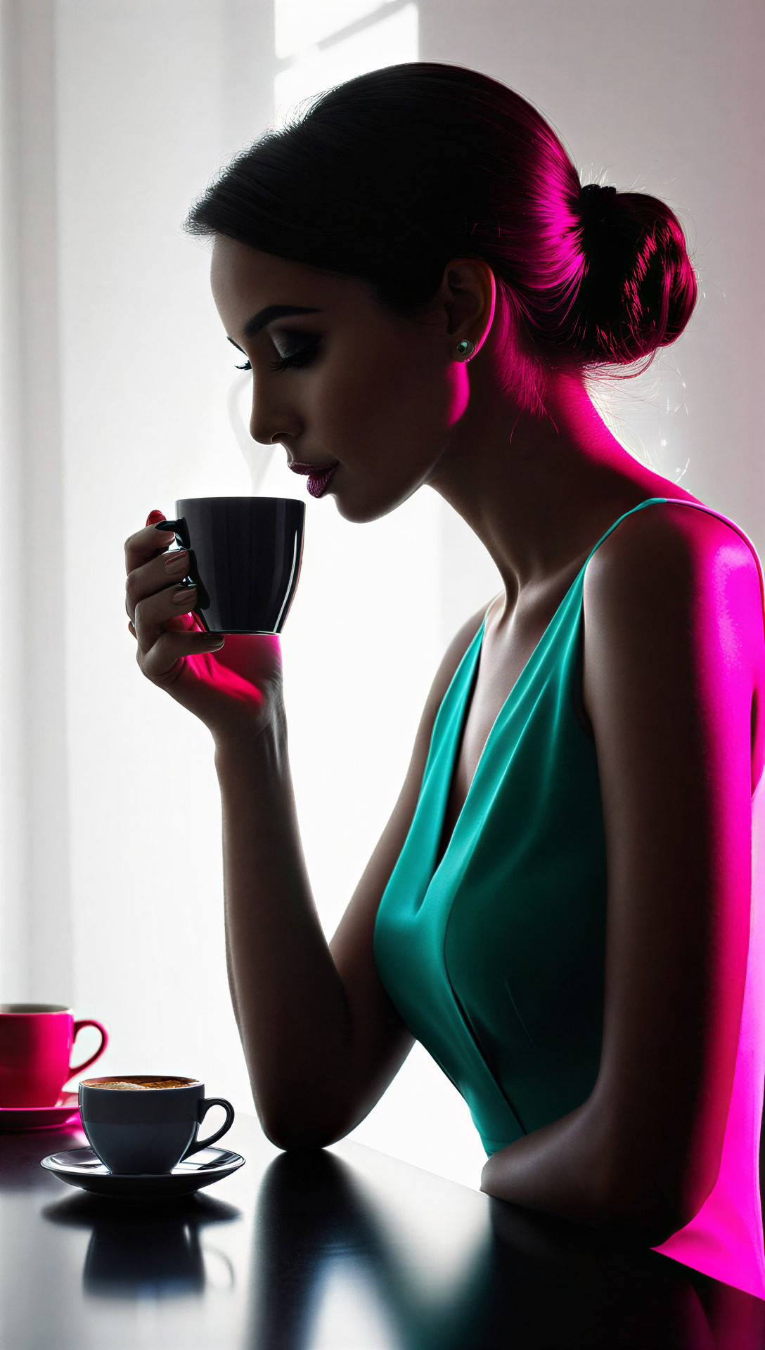 Elegant Woman in Teal Dress Sipping Coffee