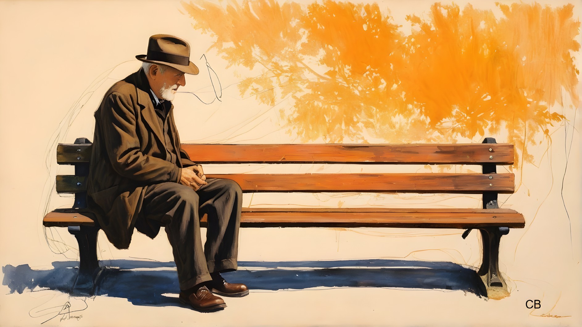 Elderly man in contemplation on park bench in autumn