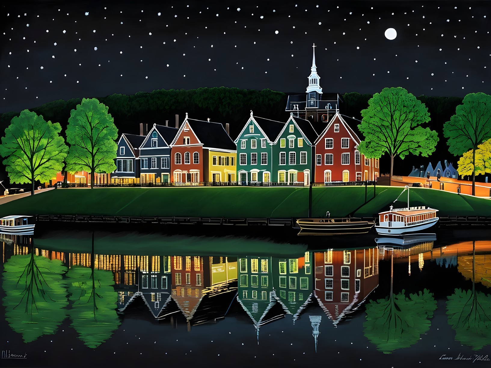 Charming Village Night Scene with Colorful Houses