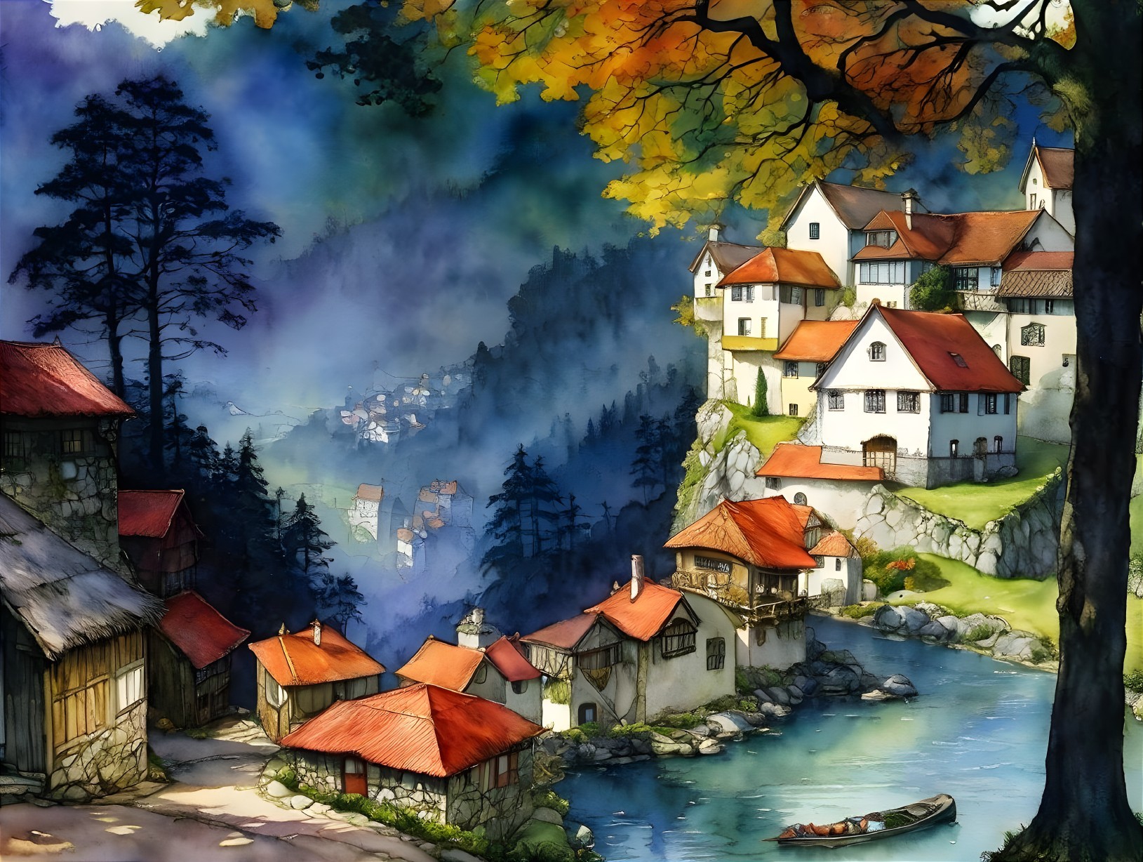 Picturesque Village in a Misty Valley with Autumn Foliage