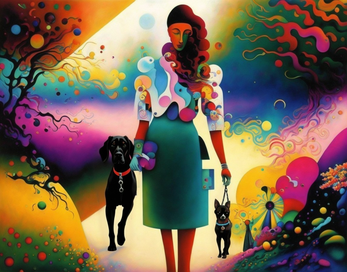 Colorful Surrealist Painting: Woman with Two Dogs in Vibrant Setting