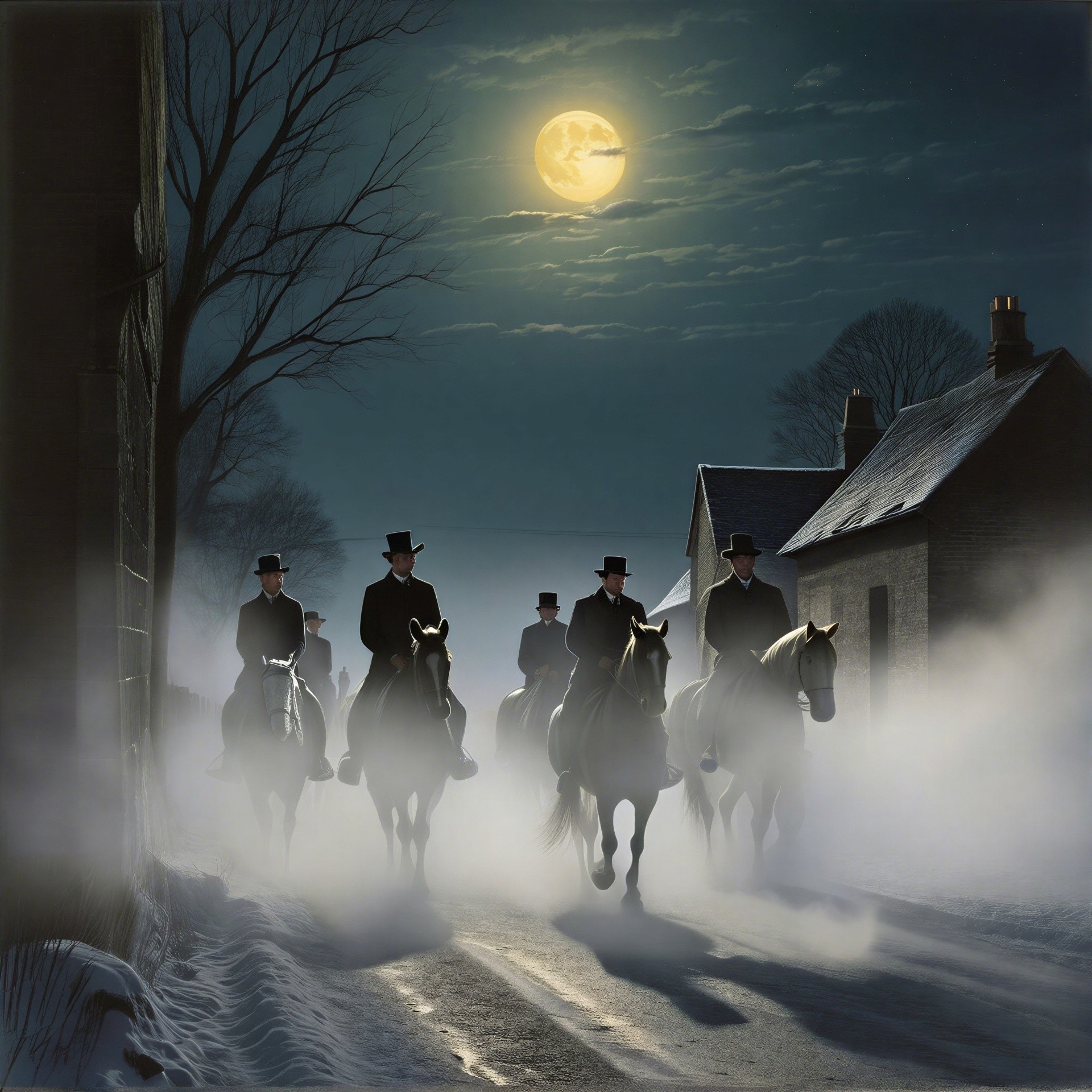 Six Riders on Horseback in a Foggy Moonlit Scene
