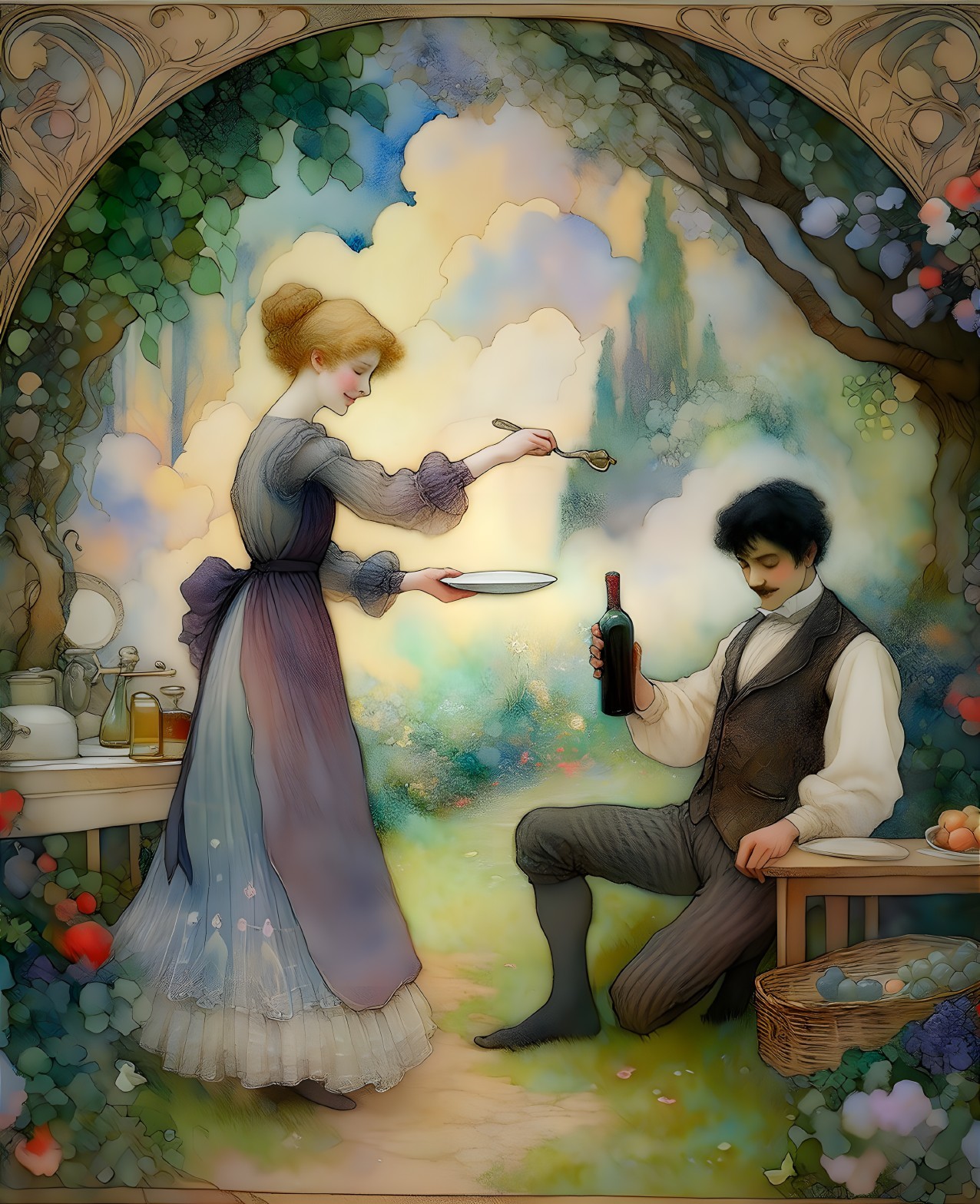 Whimsical Garden Scene with Elegant Dining Setup