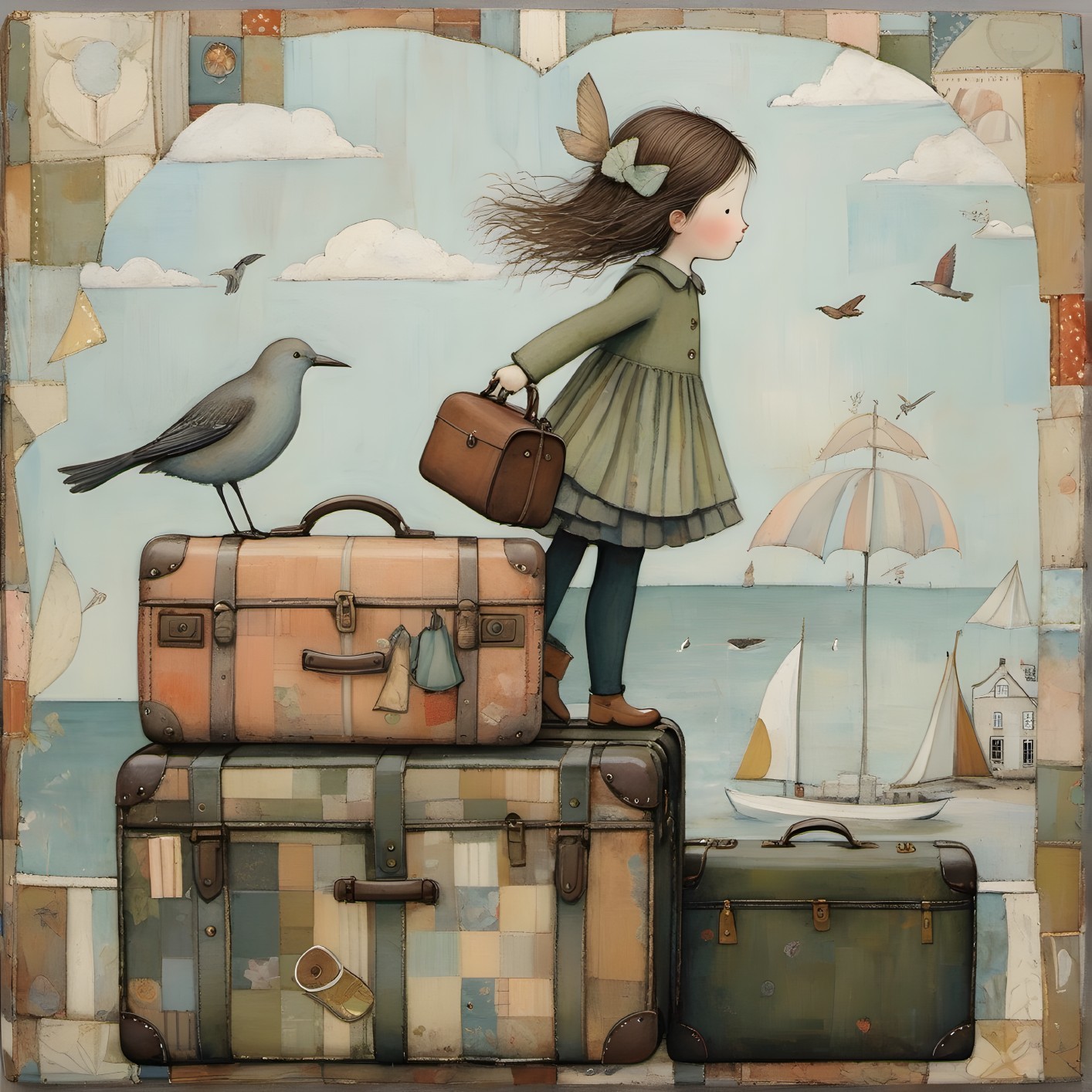 Whimsical Illustration of Girl with Vintage Luggage