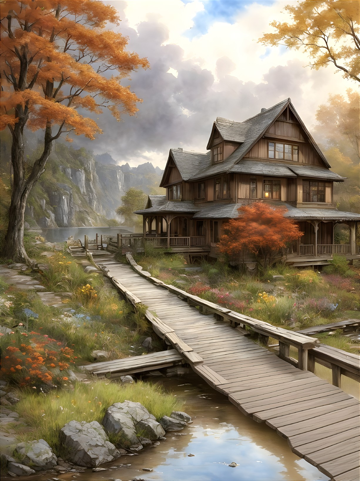 Rustic house by serene stream with autumn foliage