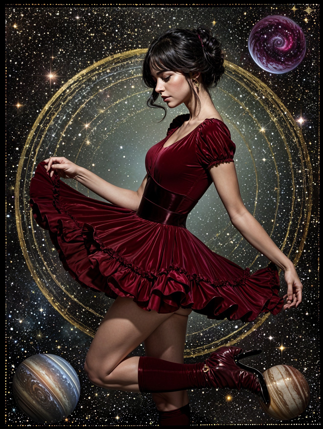 Woman in Burgundy Dress Against Cosmic Background