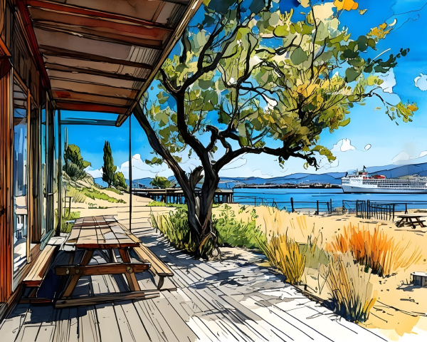 Vibrant Beach Scene with Deck and Cruise Ship View