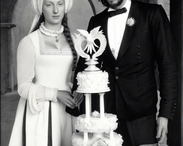 Black-and-white wedding photo of couple with cake