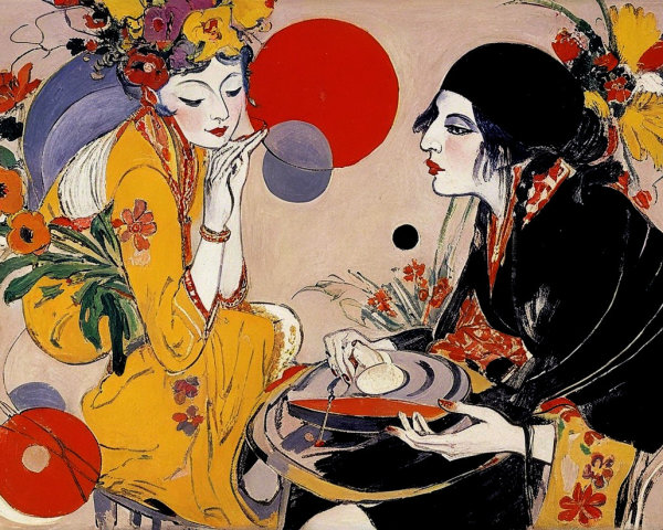 Elegant Women in Colorful Attire with Abstract Background