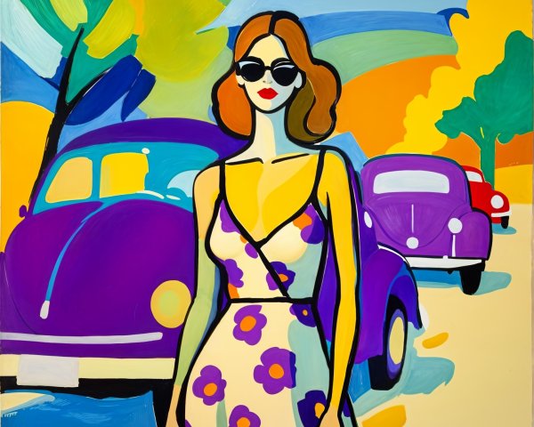 Stylish Woman in Floral Dress on Sunny Road Scene