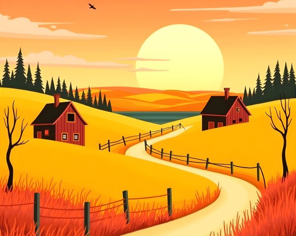 Serene Landscape with Golden Hills and Sunset Sky
