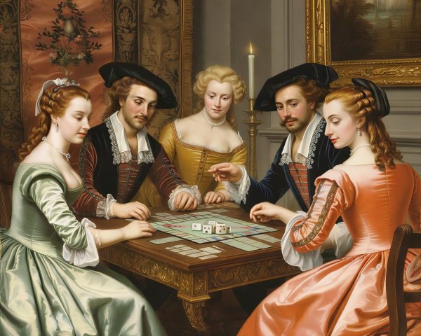 Adults in Historical Costumes Playing a Board Game