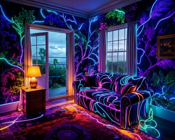 Vibrant Neon Plants and Floral Patterns in Room Decor