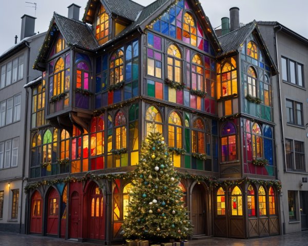Colorful Building with Stained Glass and Christmas Tree