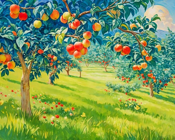 Vibrant Orchard with Apple Trees and Colorful Flowers