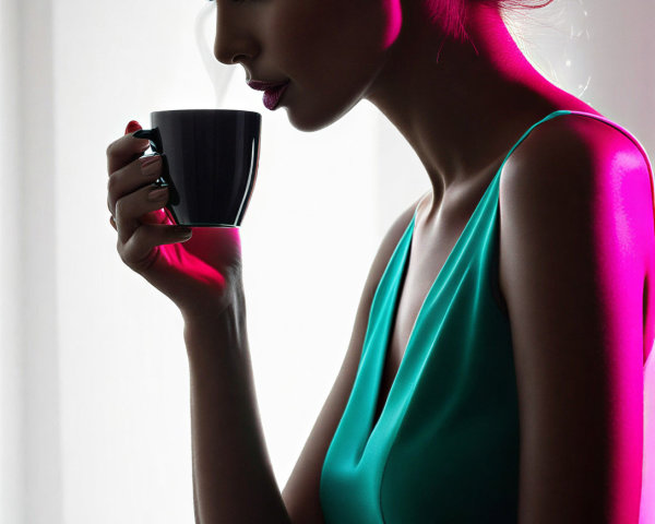 Elegant Woman in Teal Dress Sipping Coffee
