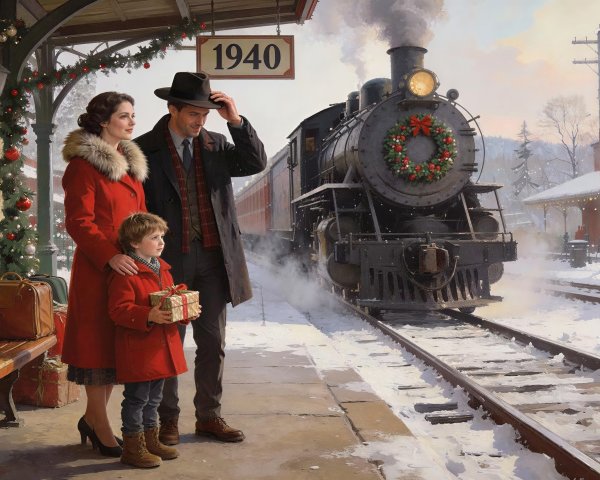 Snowy Christmas Scene with Family at Train Platform