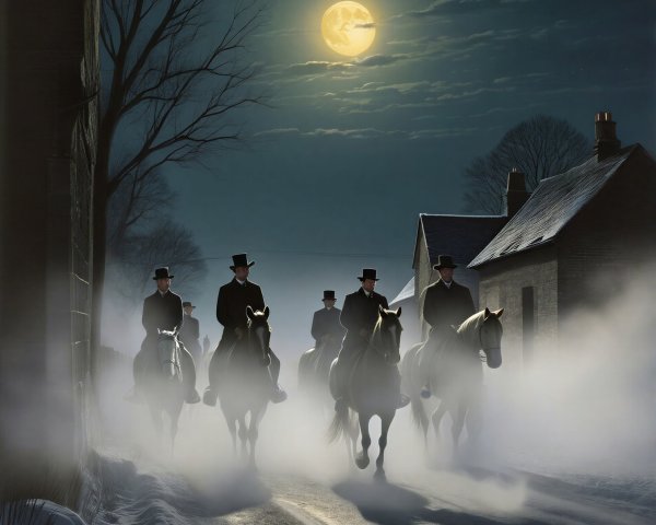 Six Riders on Horseback in a Foggy Moonlit Scene