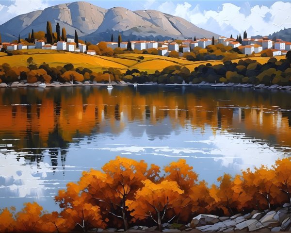Serene Autumn Landscape with Calm Lake and Hills