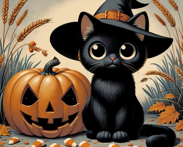 Black Cat with Witch Hat and Pumpkin in Autumn Scene
