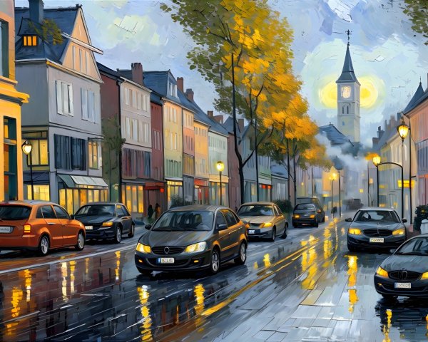 Quaint Town Street Scene at Dusk with Pastel Buildings