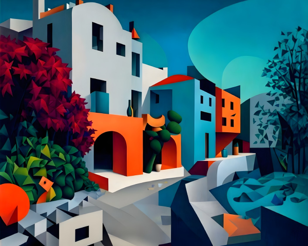 Vibrant Abstract Landscape with Geometric Buildings