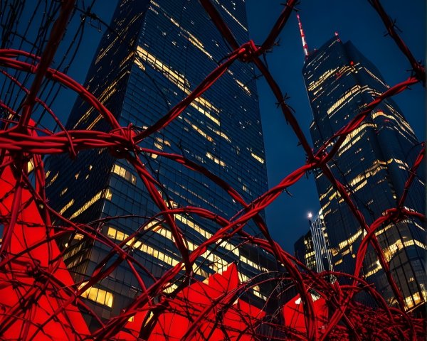 Skyscrapers and Barbed Wire in Urban Contrast